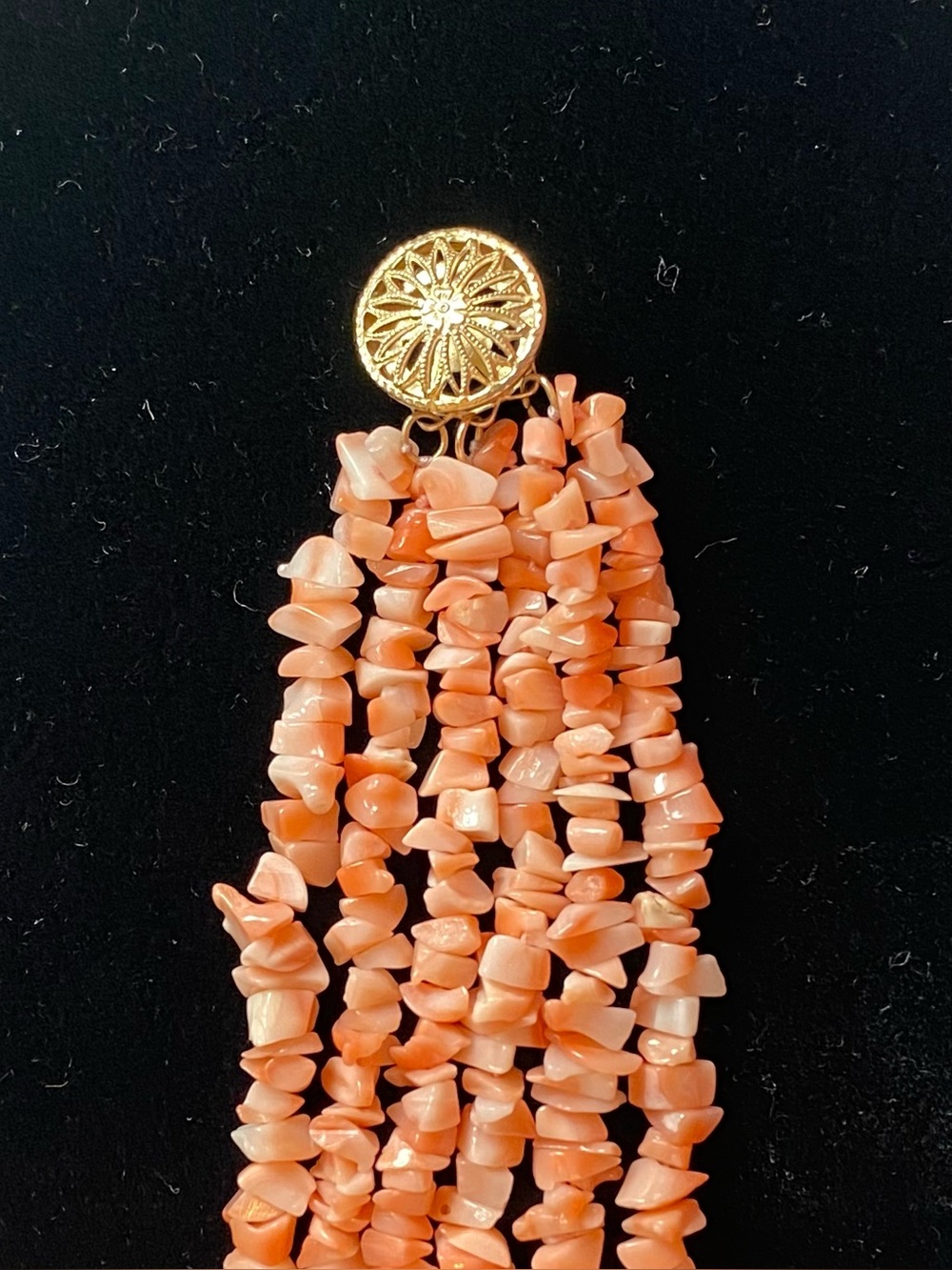 16” Six Strand Coral Chip Necklace with gold filled filigree clasp - Picture 11 of 12